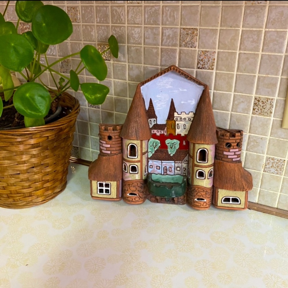 Vintage Pottery wall hanging‎ fairy tale castle scene handmade in Lithuania
